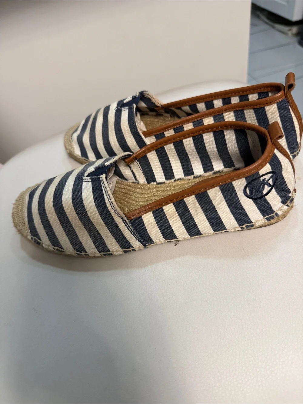 Michael Kors Navy & White Striped Espadrille Flats with Brown Trim